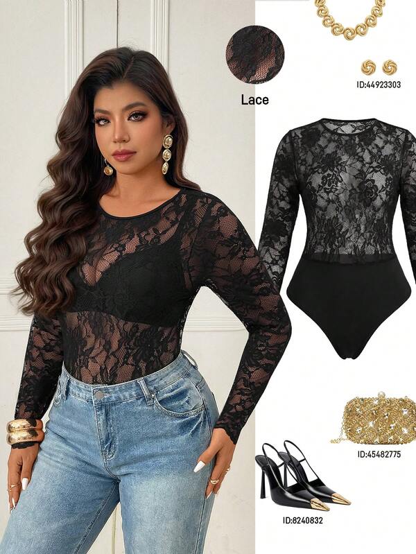 Femmeverse Combinaison sexy grande taille pour femmes, col rond, patchwork en dentelle, couleur unie