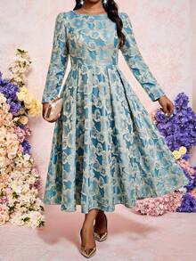 Fleurora 秋冬季优雅端庄派对婚礼音乐会/音乐节鸡尾酒会圣诞节彩色提花编织圆领喇叭形舞会礼服长袖大码连衣裙 - 霧霾藍 - 查看 5