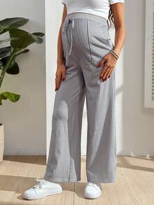 SHEIN Striped Casual Straight Leg Pants With Pockets And Tie For Pregnant Women - Grey - View 4