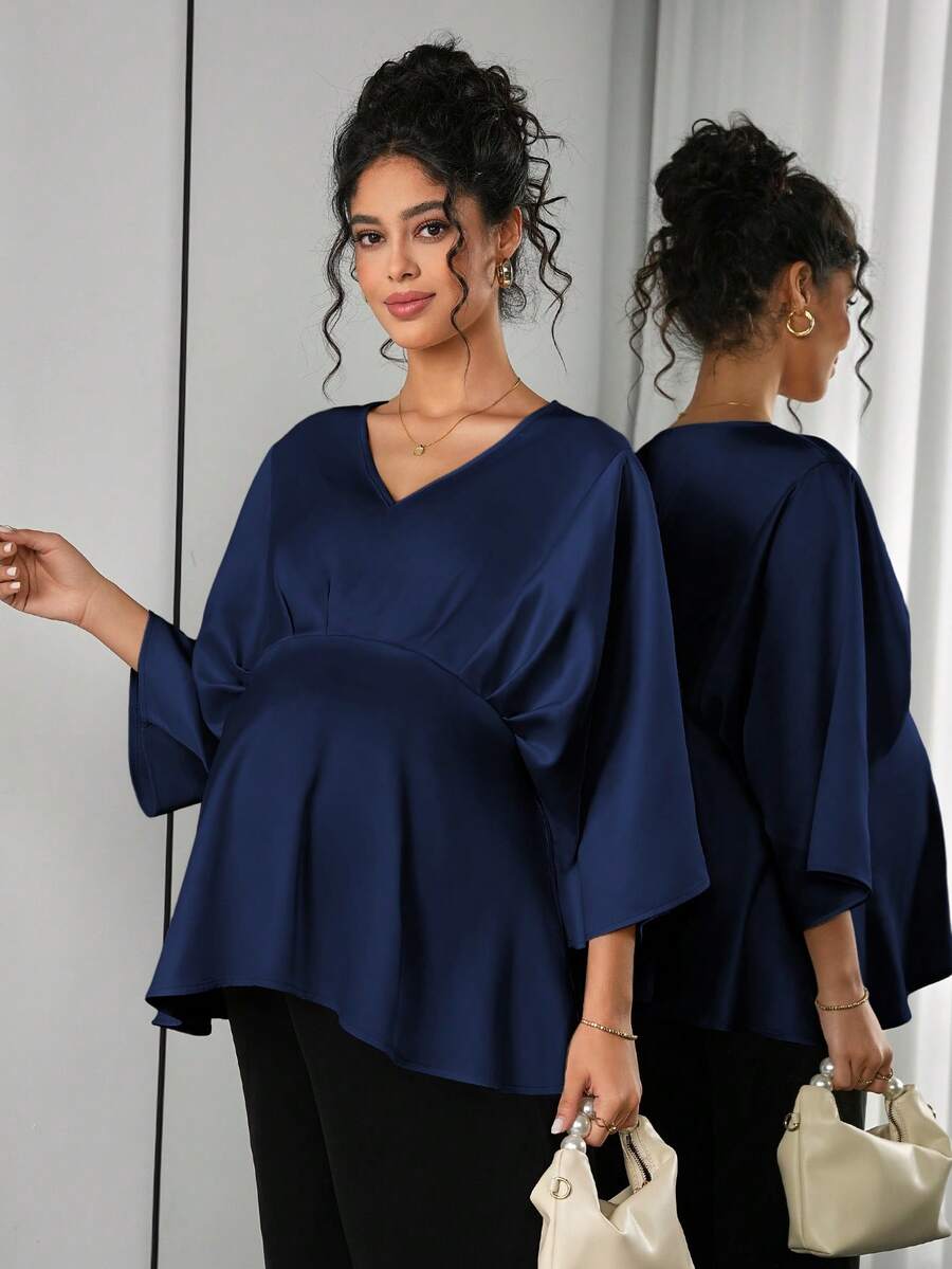 Momance Maternity Solid Color V-Neck Batwing Sleeve Elegant Blouse Fall - Royal Blue - View 1