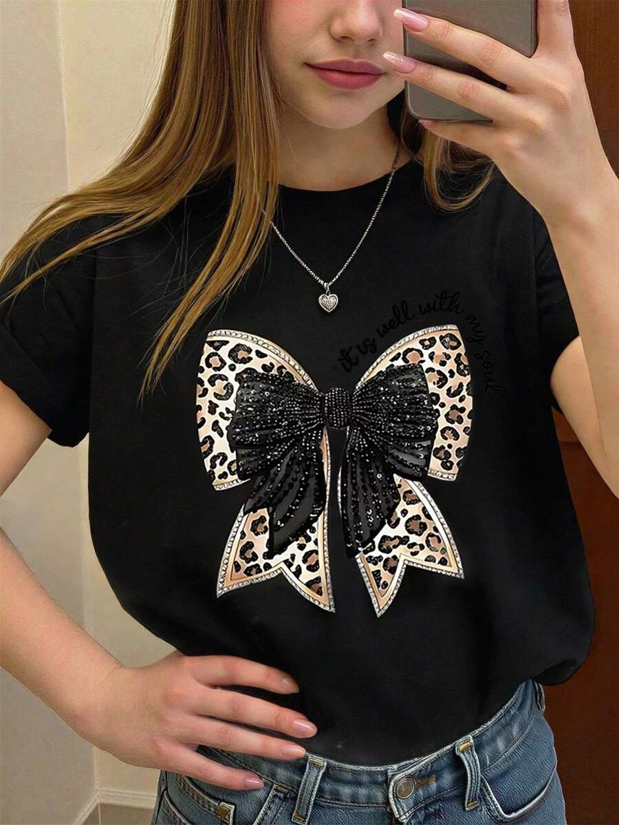 Tween Girl Black Round Neck Short Sleeve Graphic Tee, Young Girl Casual Comfortable Fashion Versatile Leopard Print Bow Design Short Sleeve Graphic Tee, Suitable For Daily Wear, School, Outdoor Activities - Black - View 1