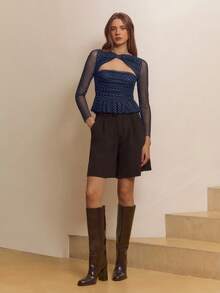 lacRébo 波点印花网纱长袖上衣，荷叶边下摆，复古风晚宴派对秋冬装 - 藍色 - 查看 4