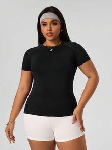 Rhythm Era Plus Size Sport Casual Solid Color Seamless Short Sleeve Sport T-Shirt Compression Shirt Fitted Shirt Gym Women Shirts Work Out Plus Size Workout Top Plus Size Active Top Weight Loss Plus Size Sports Top Workout Tops Curve Plus Size Gym Top Plus Size Workout Tops - Black - View 5
