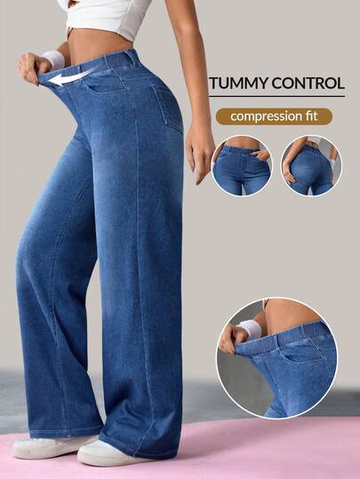 Flexra Women's Straight Elastic Waist Casual Pocket Jeans, Suitable For Daily Wear