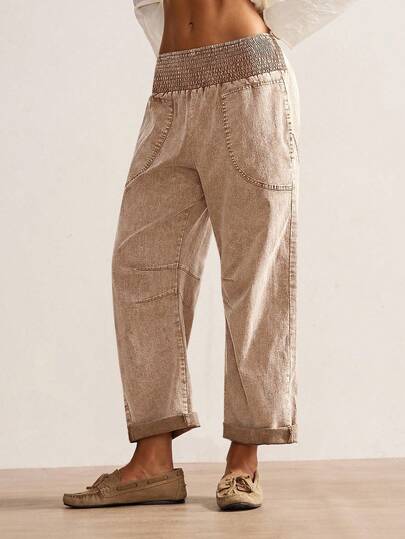 Bohemela Women's Casual Solid Color Woven Loose Low Waist Pants, Autumn/Winter Boho Style