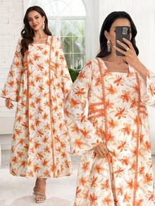 Al Najma Vestido elegante holgado con cuello cuadrado, volantes y estampado floral de moda - Multicolor - Ver 4