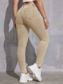 EMERY ROSE 优雅休闲百搭修身高腰黑色梭织女式牛仔裤，四季皆宜 - 卡其色 - 查看 2