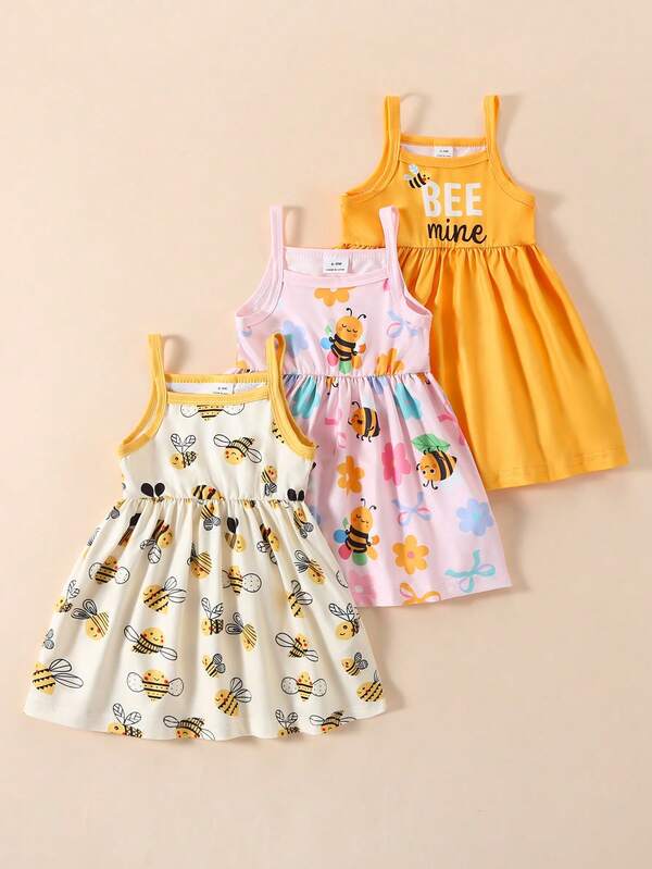 Souflis Souflis 3pcs Baby Girls' Sleeveless Dress Set, Elastic Leopard Stripe Sundress, Suitable For Summer Vacation Party, Casual Patchwork, Leopard, Floral Print Decor Camisole With Moderate Stretch