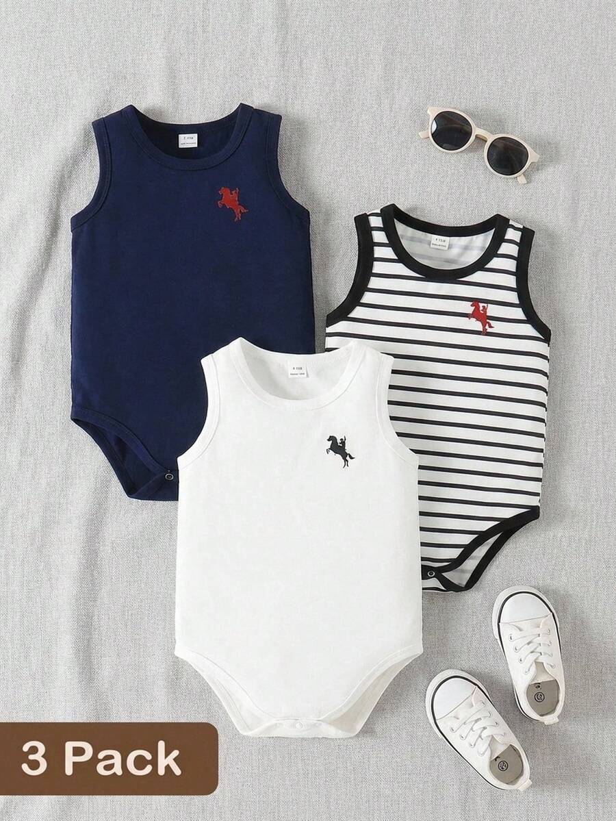 SHEIN 3pcs/Set Baby Boys' Casual Romper Outfit With Animal Horse Graphic Crew Neck Sleeveless - Navy Blue - View 1