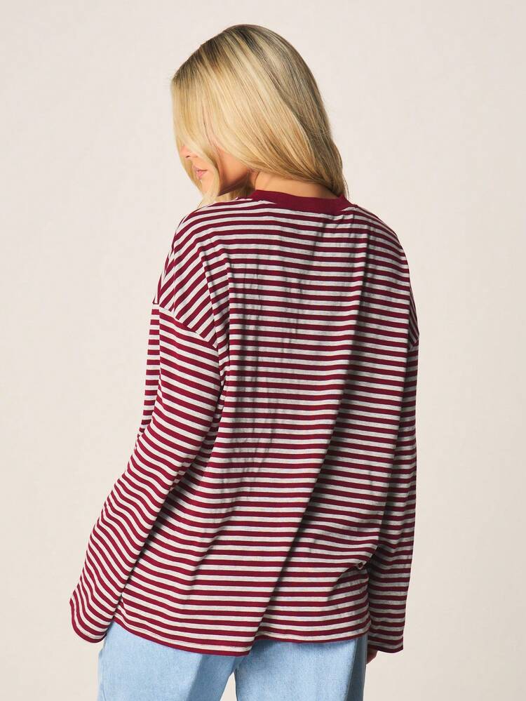 MISSGUIDED Burgundy White Horizontal Striped Long Sleeve Rugby Polo Top With Button Placket Fall Winter Casual Comfort