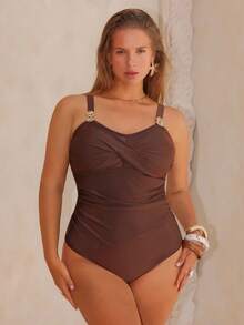 Swim Chiccia Plus Size One-Piece Swimsuit For Women, European & American Style, Nylon Shiny Fabric, Slimming Design - Coffee Brown - View 4