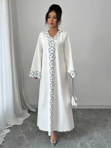 Yasmyna Women's Loose V-Neck Printed Long Sleeve Arabic Dress - Blue - View 5