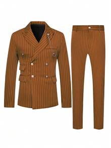 Manfinity Mode 男士简约线条印花长袖上衣和裤子套装 - 咖啡棕 - 查看 4