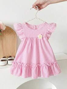 SHEIN Baby GirlColorful Striped Floral Trim Casual Cute Dress With 3D Flower Decor, Spring/Summer - Pink - View 6