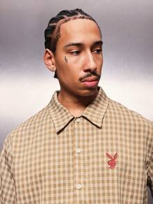 PLAYBOY X SUMWON Men's Cropped Button Down Shirt Short Sleeve Checkered Pattern Collared Casual Summer Spring Relaxed Fit Style - Yellow - View 6