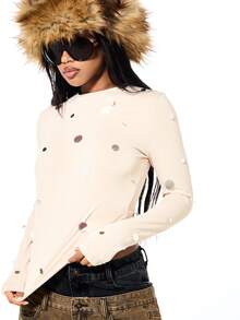 SUMWON WOMEN Long Sleeve Polka Dot Crop Top With Tie Detail And Ruching For Fall Winter Layering - Apricot - View 4