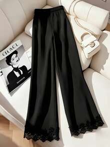 Franclia High Waist Slimming Versatile Casual Lace Design Black Pants - Black - View 2