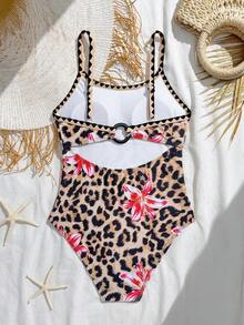 Tween Girl Leopard & Floral Print Spaghetti Strap One-Piece Swimsuit - Multicolor - View 4