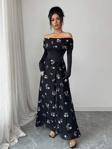 Modelyn 女士优雅无肩带印花上衣和高腰喇叭印花裙两件套 - 彩色 - 查看 6