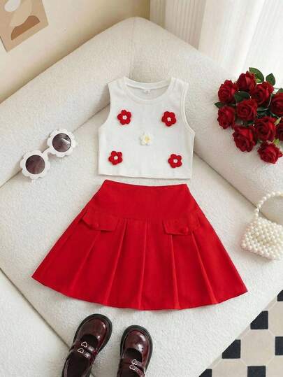 2pcs/Set Spring/Summer Girls' Casual Versatile Outfit Set, Sleeveless Knit Top + Red Skirt, Sleeveless Design With Red & White Floral Embroidery, Lively Style; Pleated Skirt With Faux Pockets, Suitable For Children's Choir, Dance And Stage Performance