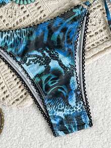 Swim SXY Conjunto de bikini de mujer con estampado de leopardo digital, floral, con cuentas y flecos, sexy y de alta gama, para primavera/verano/otoño - Multicolor - Ver 7
