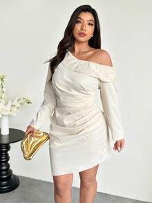 Firerie 大码女式纯色斜肩褶皱设计长袖时尚连衣裙 - 米色 - 查看 6