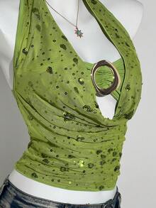 Sweetra Áo tank top mùa hè mới về dành cho nữ, kiểu dáng gợi cảm, đính hạt cườm, thiết kế cổ yếm. - màu xanh lá - Xem 5