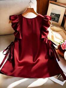 EMERY ROSE 女士纯色荷叶边领结前襟休闲时尚衬衫 - 紅色 - 查看 2