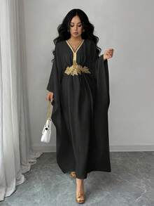 SHEIN Elenzya 金色滚边装饰优雅收腰修身中长连衣裙 - 黑色 - 查看 6