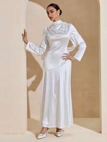 Graceveil Đầm dài tay thanh lịch, màu trơn, bóng bẩy, xếp ly, thắt eo, tinh tế dành cho nữ. - Màu be - Xem 6