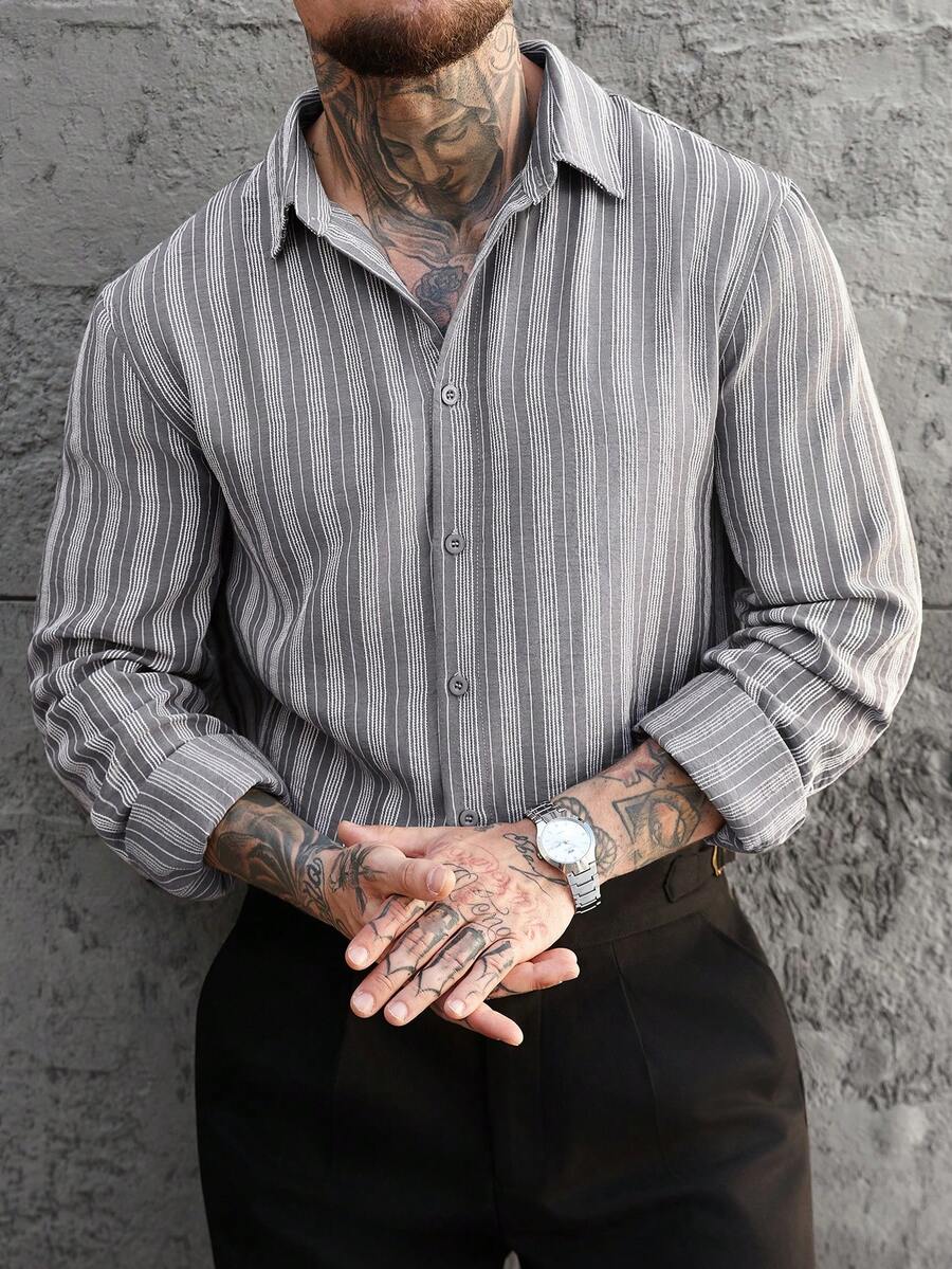 Manfinity Homme 男士復古棕色與白色條紋休閒長袖襯衫,秋季男士灰色正裝襯衫,正式 - 灰色 - 查看 1
