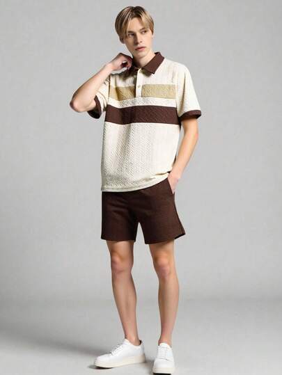 2 st/set Casual Fashionable Tonårs/Ungdom Herr Löst Sittande Pikétröja & Shorts, Färgblocksmönster, Mångsidig För Vardagskläder, Pendling, Utomhus, Sport, Skola, Street Style, Fest, Fotografi - Lämplig För Höst, Vår, Sommar