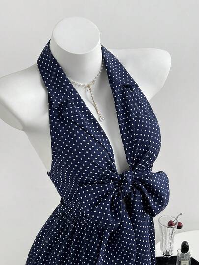 Elamini Women's Navy Blue Polka Dot V-Neck Tie Front Backless Dress, Suitable For Vacation, Picnic, Beach, Spring/Summer Polka Dot Dress Tie Dress Polkadot Dress Halter Dress Vintage Dress