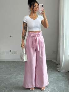 SHEIN Elenzya Tie-Up Waist Casual Commuter Elegant French Style Versatile Women's Suit Pants - Pink - View 3