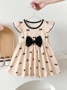 SHEIN Đầm bé gái màu mơ và chấm bi đen với nơ trang trí dễ thương. - Màu be - Xem 7