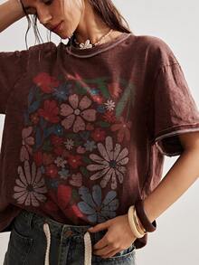 Bohemela Plus Size Round Neck Dropped Shoulder Short Sleeve Floral Print Loose T-Shirt, Summer - Red - View 5