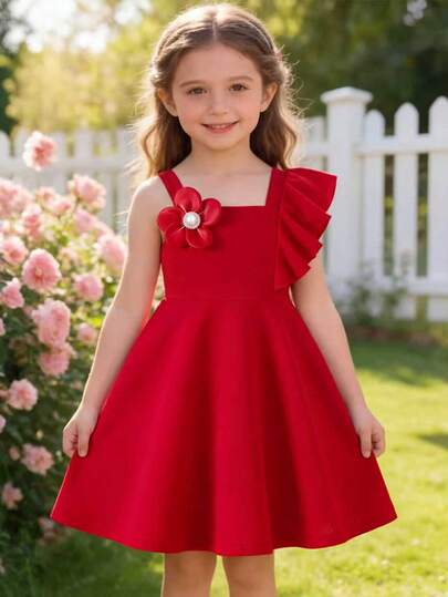 Girls Red Beaded Decor Waist Flare Dress, Fashion Summer Outfit For Birthday Party & Gathering