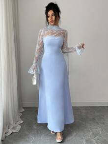 Elenzga 女士浅蓝色高端设计蕾丝拼接圆领收腰喇叭下摆长袖连衣裙，优雅精致，适合情人节、复活节、五一劳动节、生日、约会、派对、正式场合、教师节着装、潮流街头风、春夏穿着。 - 淺藍色 - 查看 6