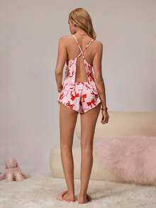 HautHeat Women's Bow Print Camisole And Shorts Pajama Set - Pink - View 3