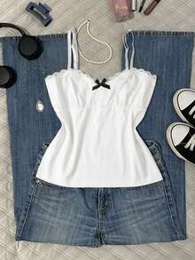 INAWLY 女士休闲通勤无袖上衣，饰有撞色蝴蝶结和蕾丝边 - 白色 - 查看 1