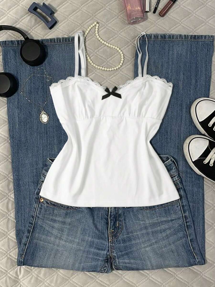 INAWLY 女士休闲通勤无袖上衣，饰有撞色蝴蝶结和蕾丝边 - 白色 - 查看 1