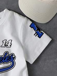 SHEIN Explorewe 2件套男童时尚数字字母印花白色圆领T恤和蓝色短裤套装，休闲时尚，短袖上衣，适合所有季节 - 彩色 - 查看 5