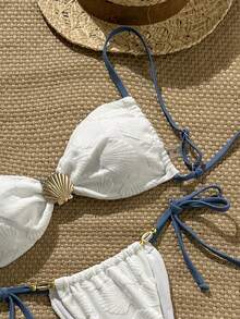Swim Mod Conjunto de bikini con tirantes de espagueti y decoración metálica de tela jacquard para mujer, primavera/verano - Blanco - Ver 4