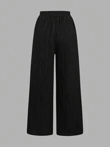 Set Of 3 High-Waisted Loose Straight-Leg Trousers With Drawstring And Pockets, Solid Color And Versatile, Suitable For Spring/Summer - Burgundy - View 9