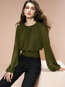 Arave Women's Knitted Mesh Fabric, Wide Round Neck, Straight Shoulders, Long Sleeves, Fitted Waist With Pleats, Casual Everyday Cropped Top Valentine Outfits For Women Valentine's Day - Army Green - View 2