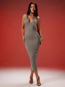 Denimoi Women's Solid Color Backless Sleeveless Dress - Grey - View 4