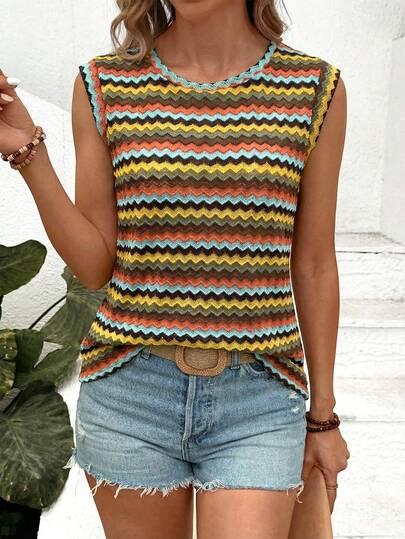 SHEIN LUNE Camiseta casual de cuello redondo sin mangas con rayas de contraste vintage, para verano