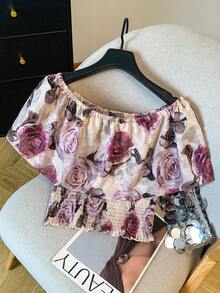 GlowEve Chiffon Burnout Print Off Shoulder Elegant Women Blouse - Purple - View 2