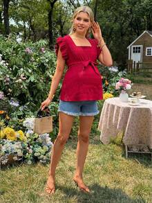 SHEIN Solid Color Textured Fabric Ruffle Sleeve Tie Bow Maternity Blouse - Burgundy - View 6