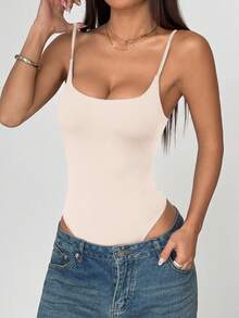 FavEase Women's Fashionable Minimalist Low Neck Solid Color Casual Bodysuit, Suitable For Spring/Summer, European And American Style - Apricot - View 5